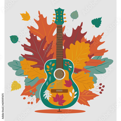 Artistic illustration with a six-string guitar and autumn leaves. For music magazines; banners; concert banner template; country music, rock performance, invitation cards