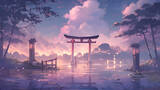 Anime Style Inspired, Enchanting Japanese Torii Gate Illustration. Generative AI