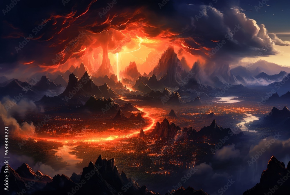 Vulcanic Explosion with Lava and Smoke Over Terraced Cityscape