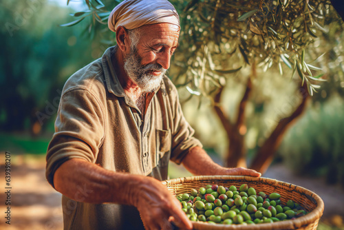 Defocused  Portrait of senior man harvesting olives in olive tree garden.