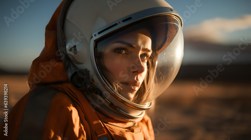Female Astronaut in Mars-like Desert Terrain. Generative AI © apfan