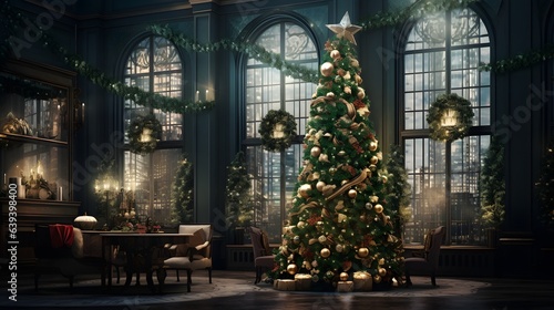 Green Christmas tree in the New Year s room with balls  fireplace  New Year  Pine needles  New Year s mood