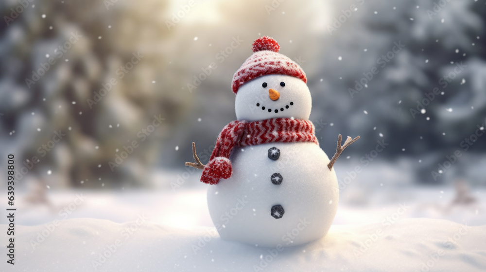 A snowman wearing a festive red hat