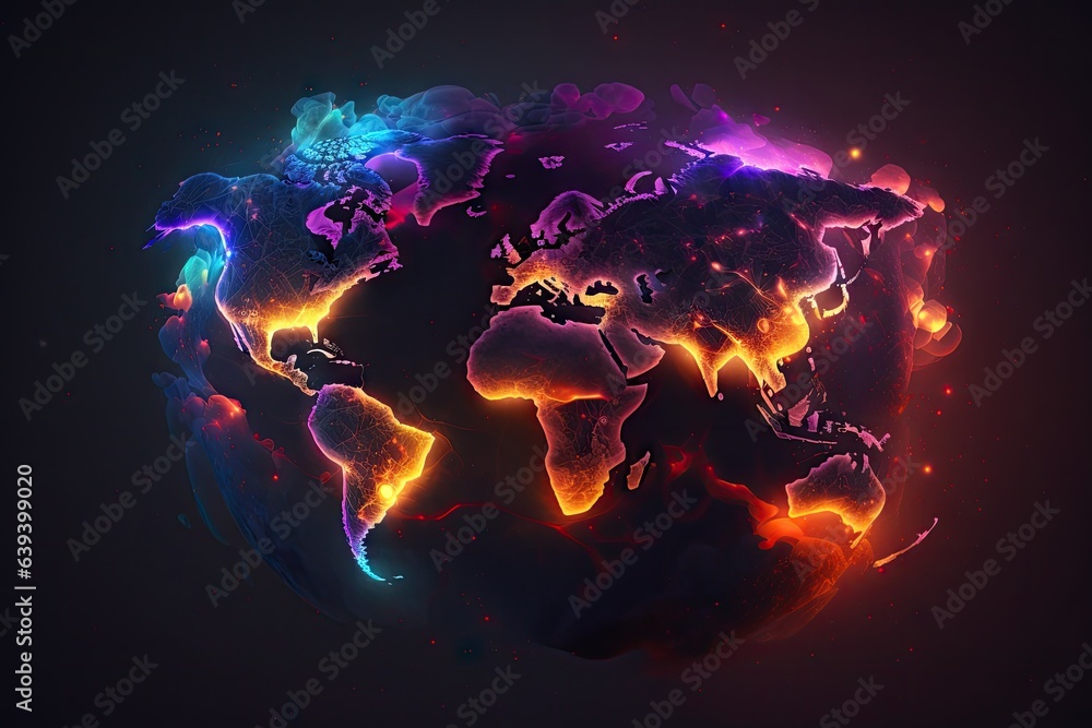 Glowing world map on dark background. Globalization concept