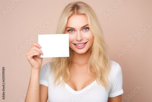 blonde female holding up white card for mock up on pastel background