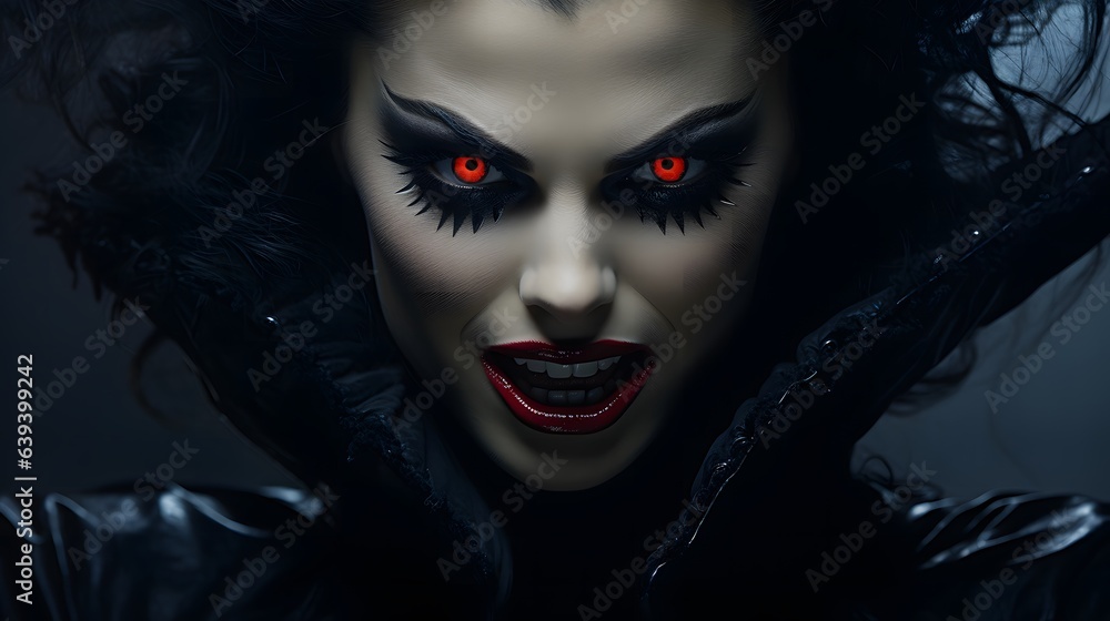Close-up portrait of a scary vampire girl. Halloween. Horror.