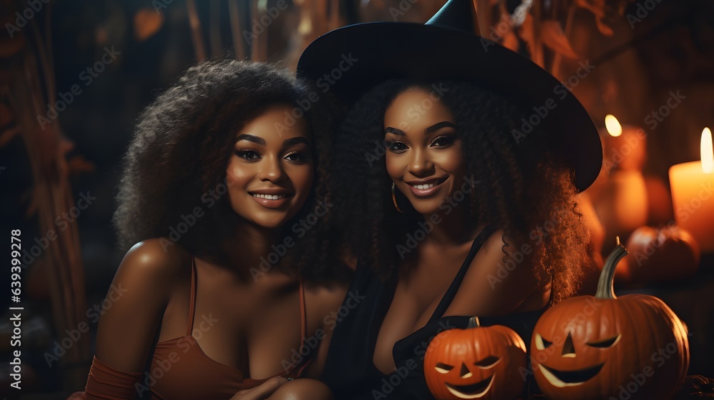 Two beautiful african american women in Halloween costumes with pumpkins Two beautiful african american women in Halloween costumes with pumpkins