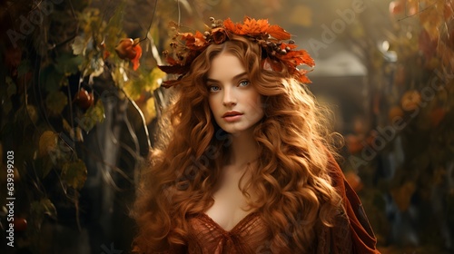 Beautiful red-haired girl in a wreath of autumn leaves. Queen of autumn.
