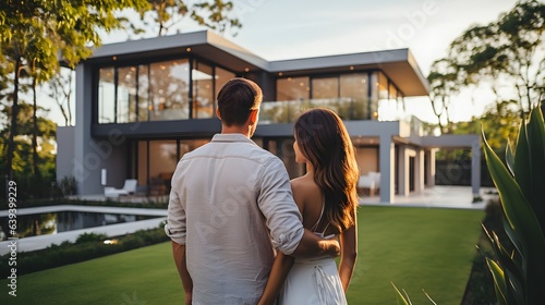 Young couple in front of their new home. Back view. Life style real estate concept.