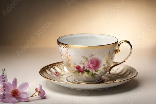 an antique porcelain teacup, adorned with faded floral patterns and a gilded rim