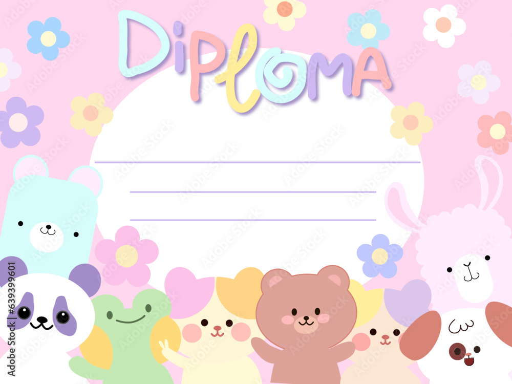 Diploma preschool horizontal banner certificate design empty template back Go to school  background With cartoon animal's kawaii