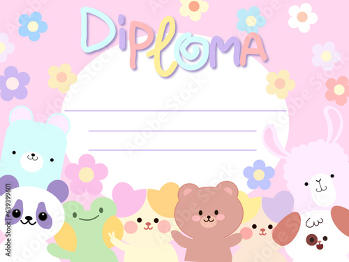 Diploma preschool horizontal banner certificate design empty template back Go to school background With cartoon animal's kawaii
