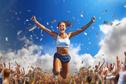 A sportswoman running in victory, joy and sense of accomplishment in sports and fitness, showcasing athletes or individuals celebrating personal milestones or reaching their goals