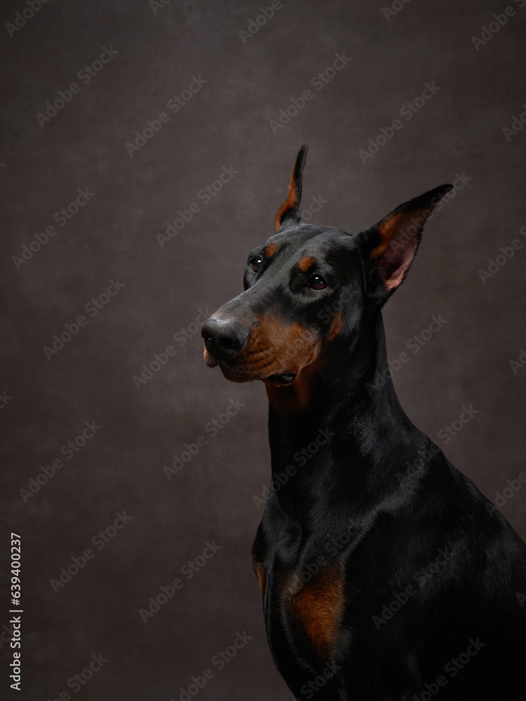 black doberman on brown canvas background. Beautiful Pet portrait in studio. black doberman on brown canvas background. Beautiful Pet portrait in studio.