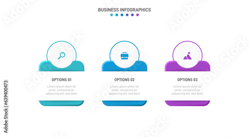 Timeline infographic with infochart. Modern presentation template with 3 spets for business process. Website template on white background for concept modern design. Horizontal layout.