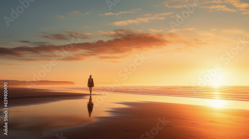Radiant Horizon concept  A person standing on a beach during sunrise  facing the new day