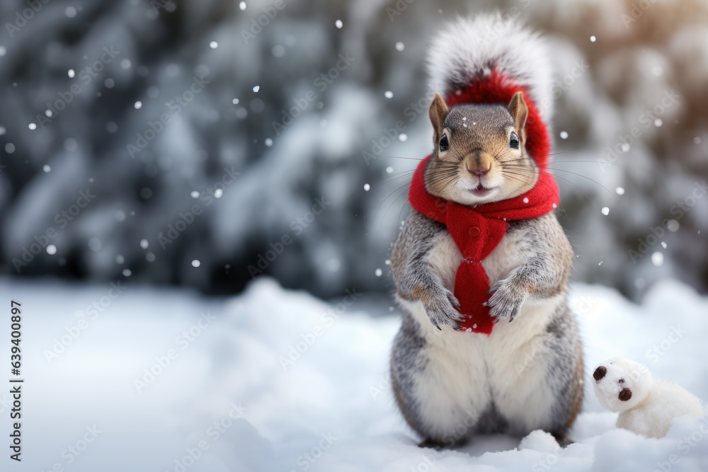 Holiday Cheer: Adorable Squirrel Wearing Santa Claus Hat in Winter Holiday Cheer: Adorable Squirrel Wearing Santa Claus Hat in Winter