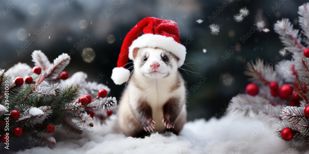Santa Ferret: Cute Ferret Dressed in Santa Hat on Frosty Background
Santa Ferret: Cute Ferret Dressed in Santa Hat on Frosty Background