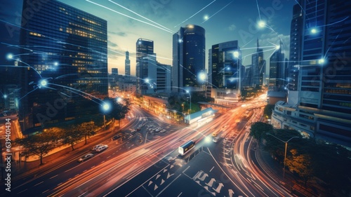 a smart city with connected infrastructure, where buildings, transportation, and utilities are seamlessly integrated through technology