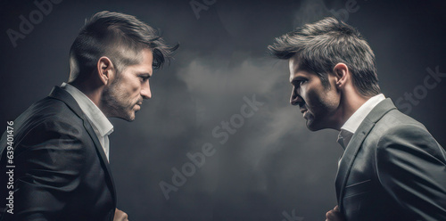 Two businessmen facing each other, with aggressive facial expressions, on a dark background, copy space