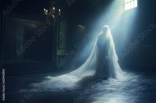 A haunting figure of a lady ghost, shrouded in white wedding veil, standing in a moonlight in a room of abandoned mansion
