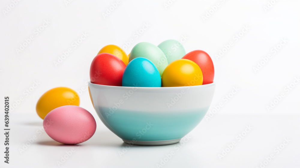 Fototapeta premium Bowl of colorful easter eggs on white copyspace background. Chocolate candy in studio