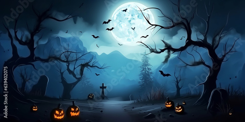Halloween background with pumpkins and bats. Generative AI.