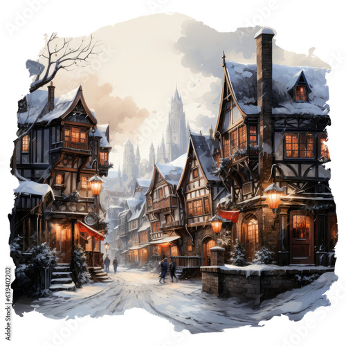 A bustling medieval marketplace during a winter festival, Christmas lights and candles hang from wooden stalls, merchants peddle their wares, Generative Ai photo