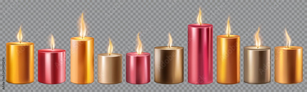 Set of burning candles in different sizes, in red, brown and yellow colors, isolated on transparent background Set of burning candles in different sizes, in red, brown and yellow colors, isolated on transparent background
