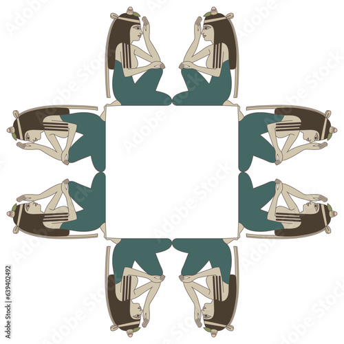 Rectangular ethnic frame with seated ancient Egyptian women. Isolated vector illustration.