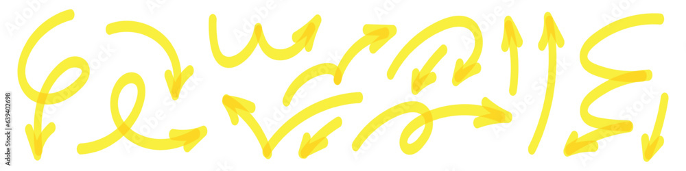 Obraz premium Hand drawn yellow markers arrows doodle set. Various sketch elements like pen, pencil, and brush highlights marks. Flat vector illustration isolated on white background.