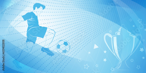 Abstract soccer background with a football player kicking the ball and other sport symbols in light blue colors