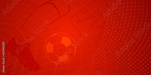 Leinwand Poster Abstract soccer background with big football ball and other sport symbols in red