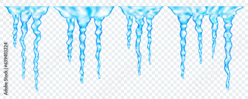 Groups of translucent light blue realistic icicles of different lengths, connected at the top, isolated on transparent background. Transparency only in vector format