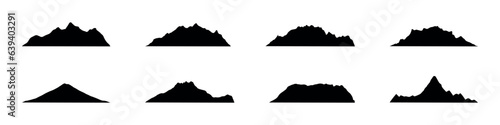 Mountain icon with snowy range silhouette. Alps, hill, black rock and white landscape, icy mount. Flat vector illustrations isolated in background. photo