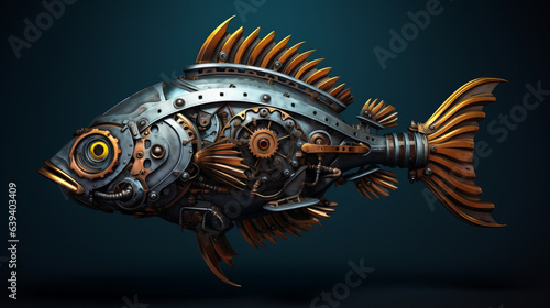 A mechanical fish sculpture on a sleek photo