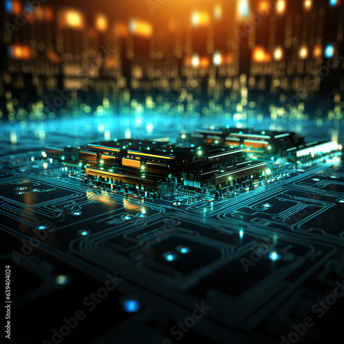science fiction supercomputer design, futuristic high-tech cpu, circuit board digital technology background, blue glowing microchip design
