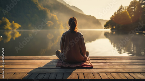 Young girl practice yoga on wooden pier with a view on lake and beautiful landscape. Generative AI