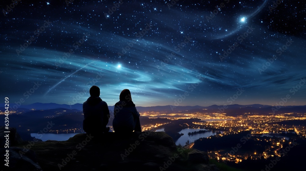 The couple is sitting on the mountain top, looking out at the stars and the city lights in the distance.