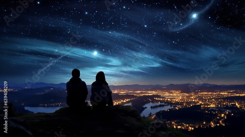 The couple is sitting on the mountain top  looking out at the stars and the city lights in the distance.