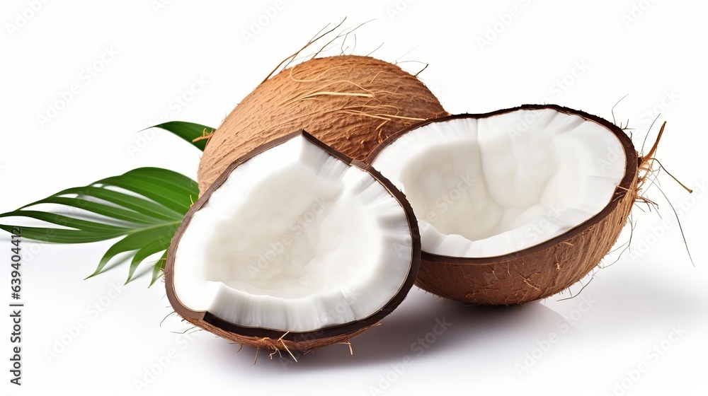 Isolated coconut slices and pieces with leaves on a white background. White broken coco flying composition with full depth of field. Isolated coconut slices and pieces with leaves on a white background. White broken coco flying composition with full depth of field.