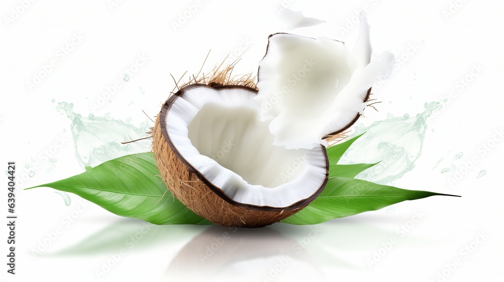 Isolated coconut slices and pieces with leaves on a white background. White broken coco flying composition with full depth of field. Isolated coconut slices and pieces with leaves on a white background. White broken coco flying composition with full depth of field.