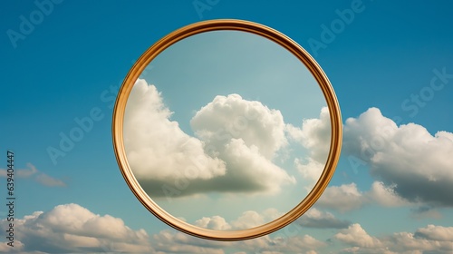This mini circular mirror has a beautiful, sophisticated look with the blue sky and clouds reflected in it, all against a light and brown background.