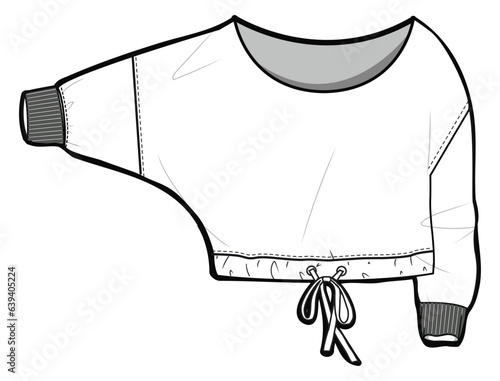 Board Neck Dolman Sleeve Waist Drawstring Sweater Top Front and Back View. Fashion Illustration, Vector, CAD, Technical Drawing, Flat Drawing, Template, Mockup.