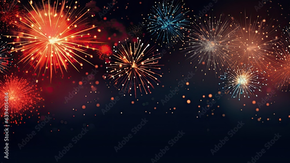 Fireworks in night sky, explosion. Web banner with copy space
