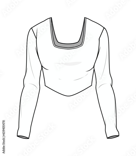 Square Neck Long Sleeve V-Cut Crop Top Front and Back View. Fashion Illustration, Vector, CAD, Technical Drawing, Flat Drawing, Template, Mockup.
