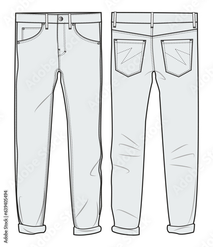 Roll Up Folded Denim Jeans Front and Back View. Fashion Illustration, Vector, CAD, Technical Drawing, Flat Drawing, Template, Mockup.