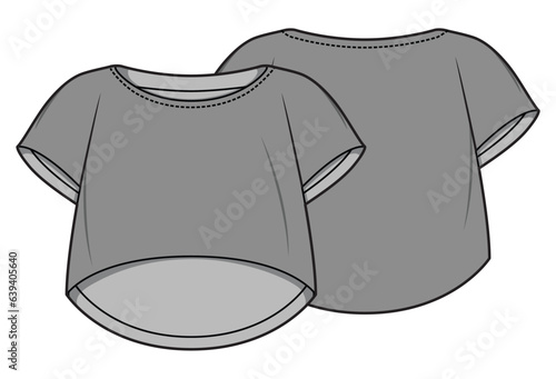 Short Sleeve Back Long Dipped Hem Crop Top T-Shirt Front and Back View. Fashion Flat Sketch Vector Illustration, CAD, Technical Drawing, Flat Drawing, Template, Mockup.