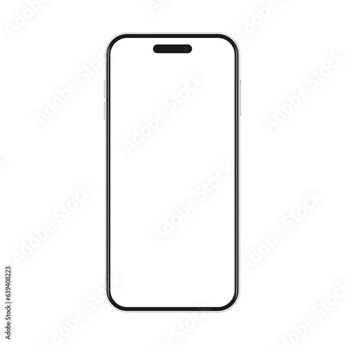 Smartphone vector mockup. White mobile phone template with blank screen. Cell phone device isolated on white background.
