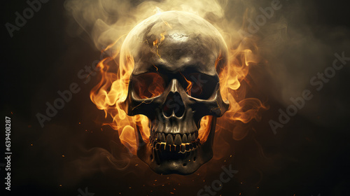 A flaming skull against a dark background